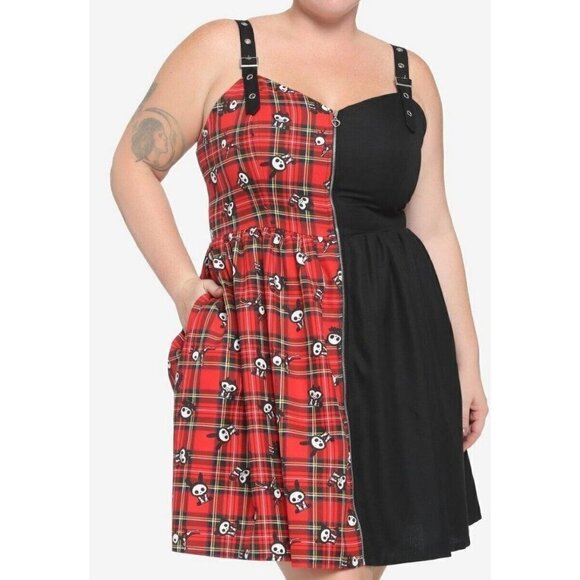 New Skelanimals Plaid Split Dress Womens Plus 2/18-20 2X Black Red Mini Zip - Picture 1 of 9